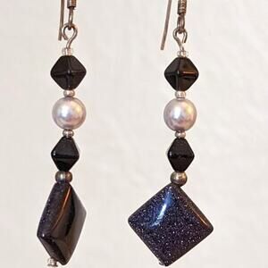 Blue Goldstone Faux Pearl Dangle Earrings